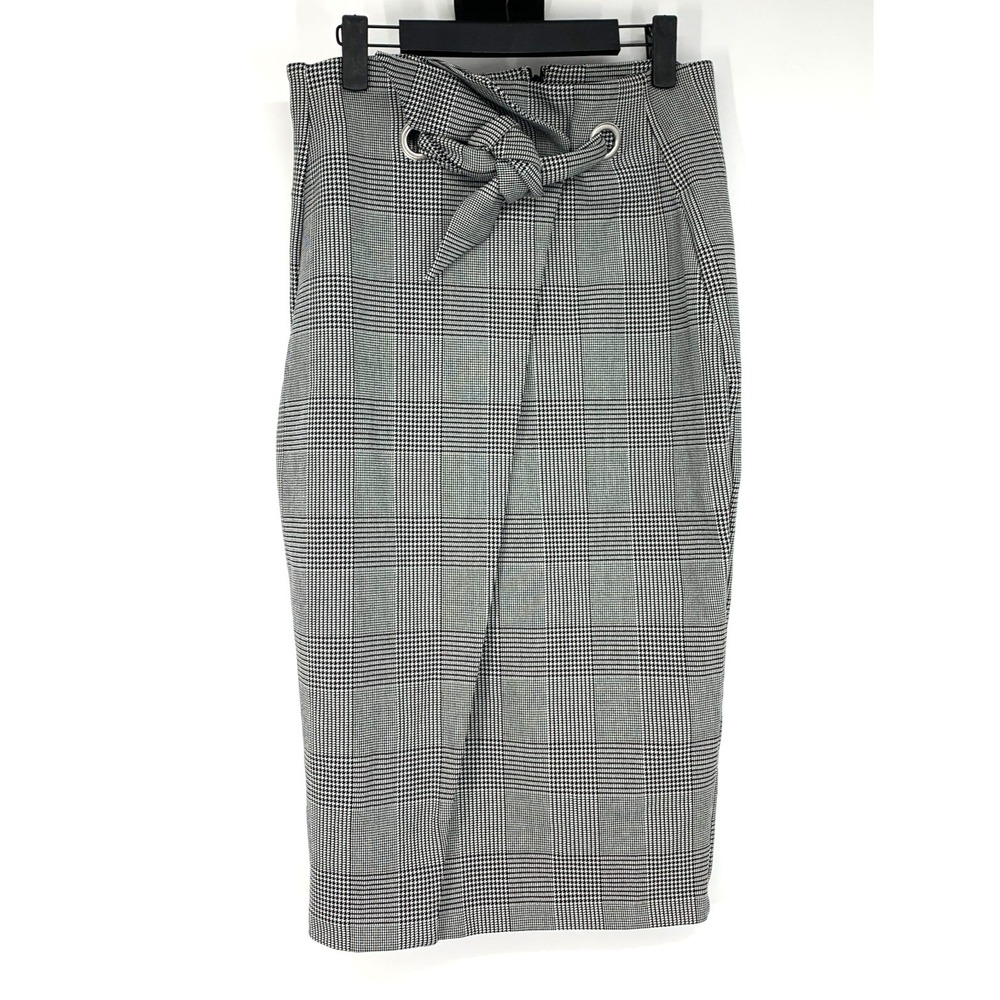 H&M Skirt Glen Plaid Pencil Straight Midi Tie High Waist Slit Womens Size 10 - Picture 2 of 12